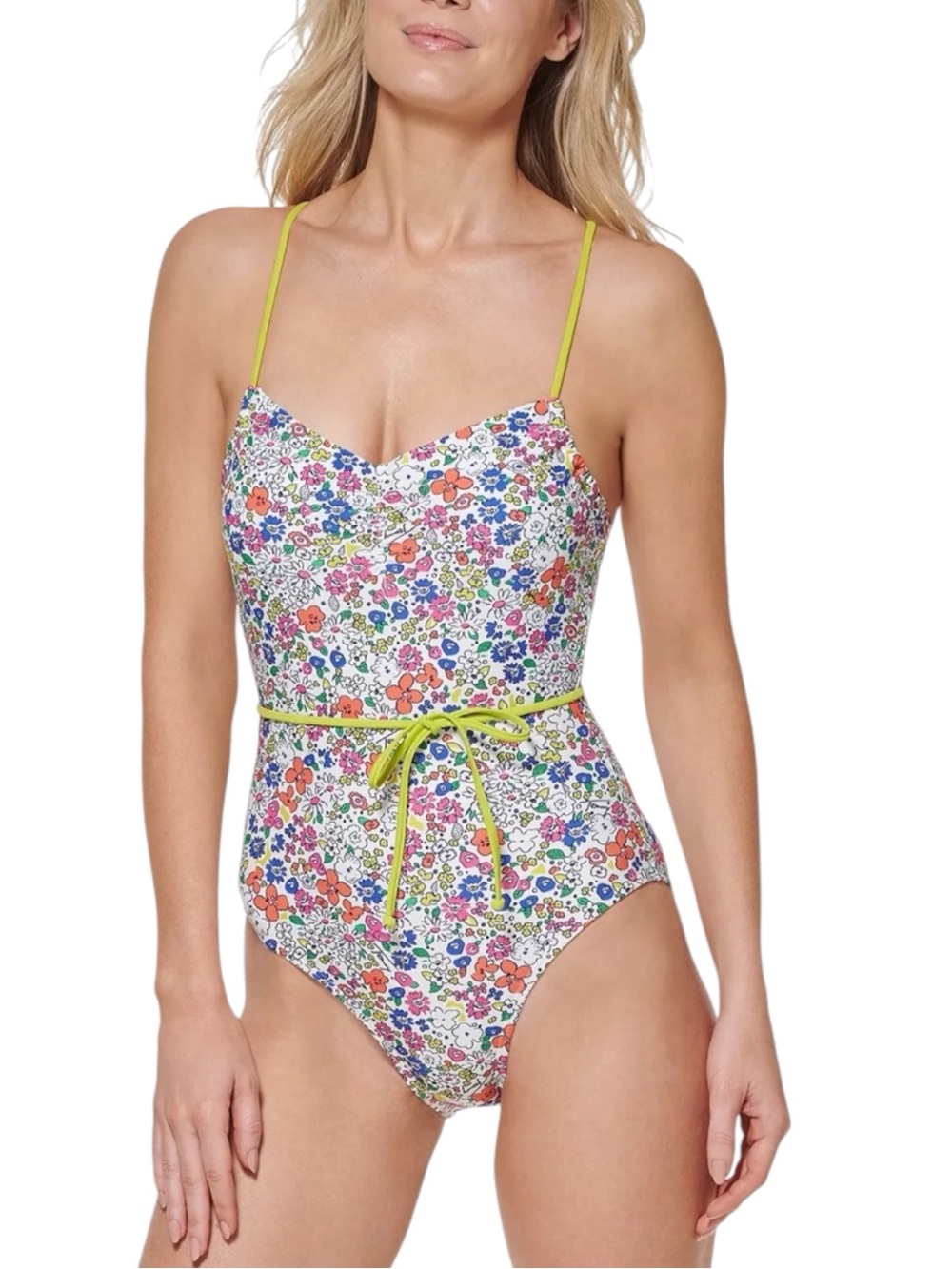 Tommy Hilfiger Adjustable Tie Belt One Piece Swimsuit White and Floral